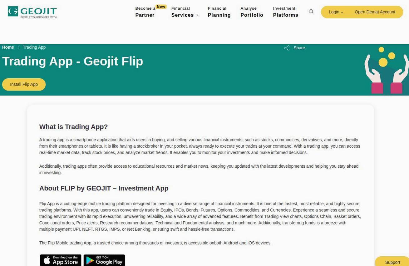 The platform page on the Geojit Financial Services website