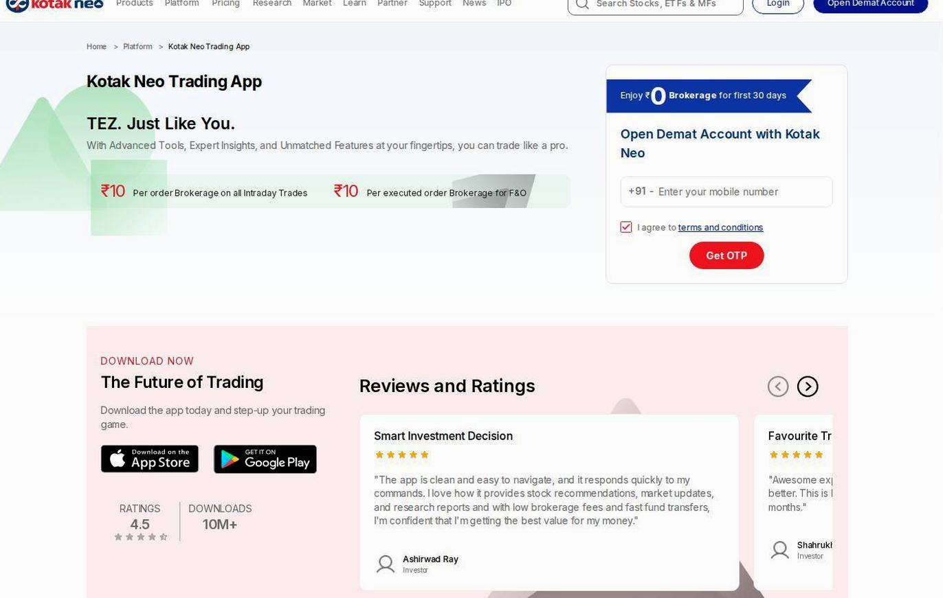 The platform page on the Kotak Securities website