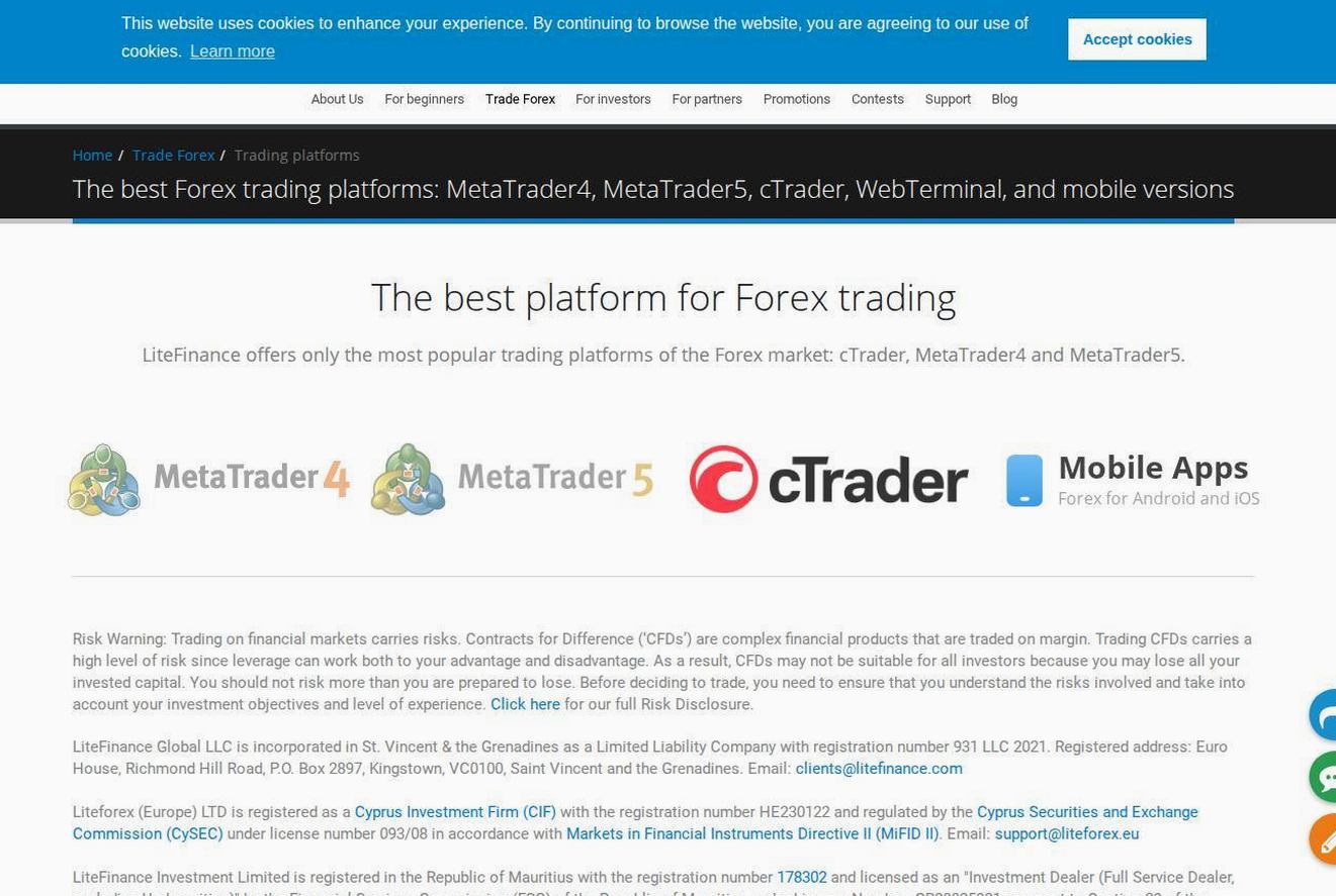 The platform page on the LiteFinance website