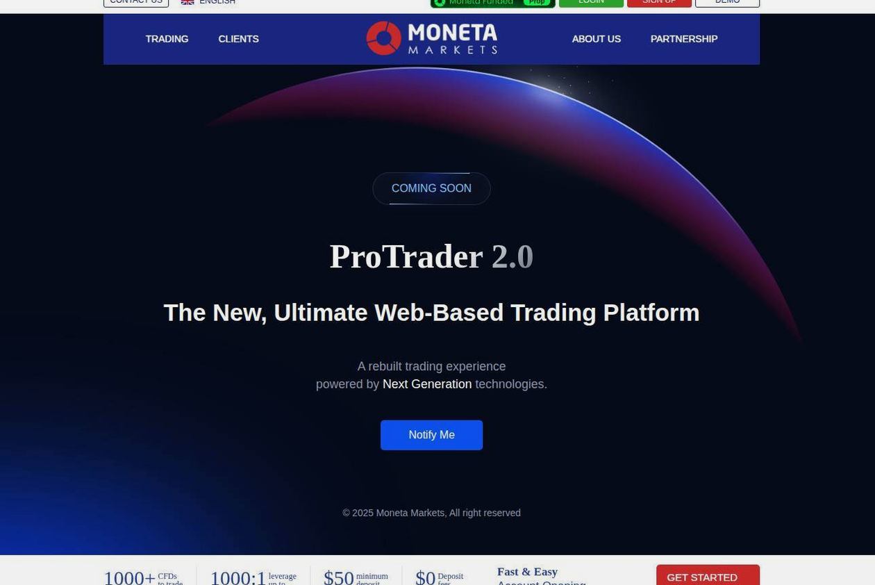 The platform page on the Moneta Markets website