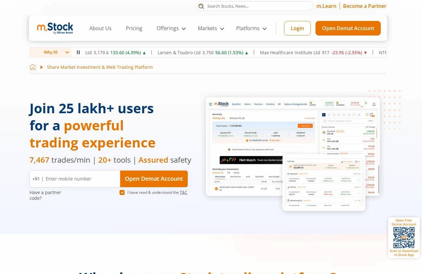 The platform page on the mStock (Mirae Asset) website