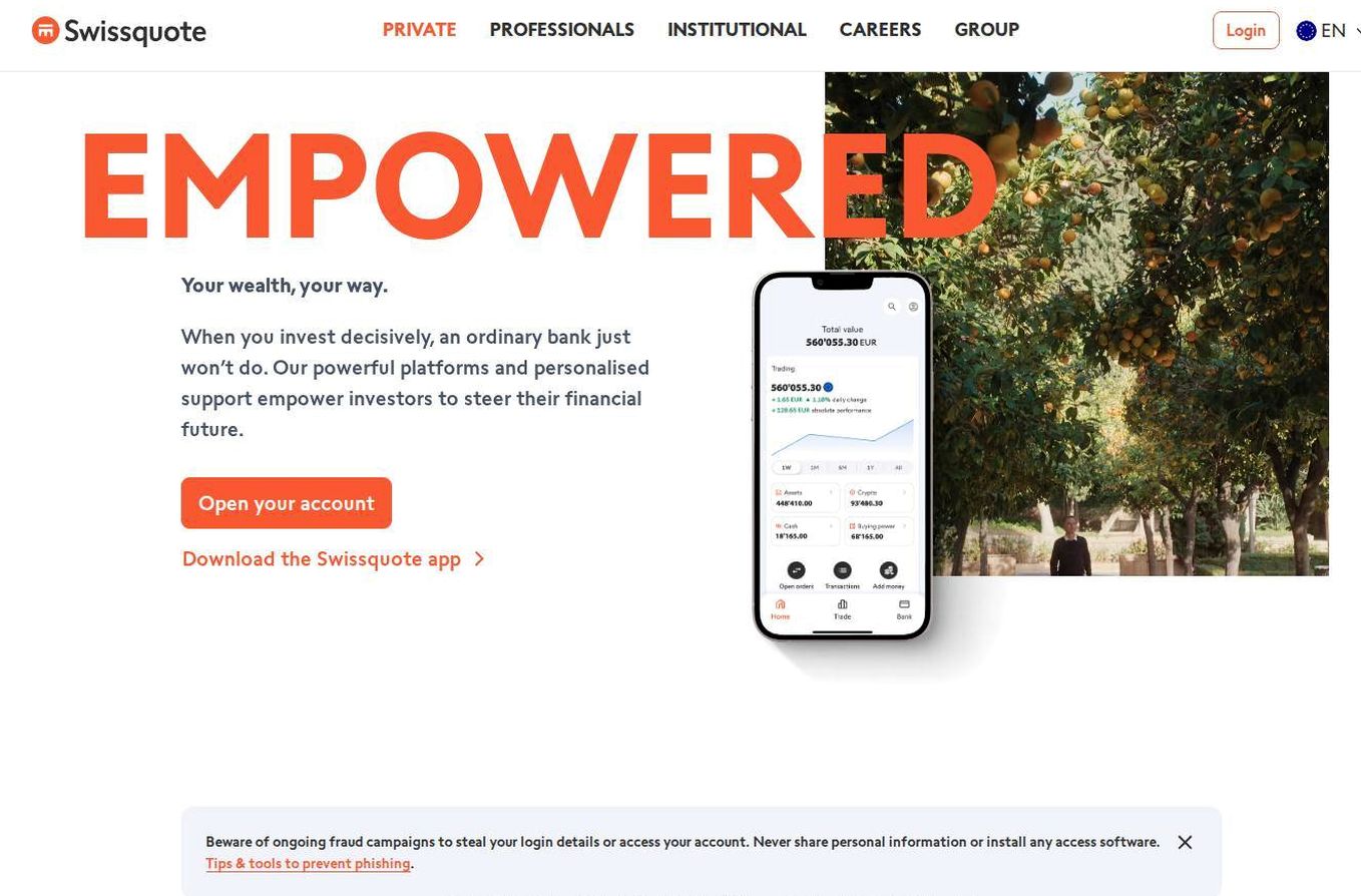 The platform page on the Swissquote website